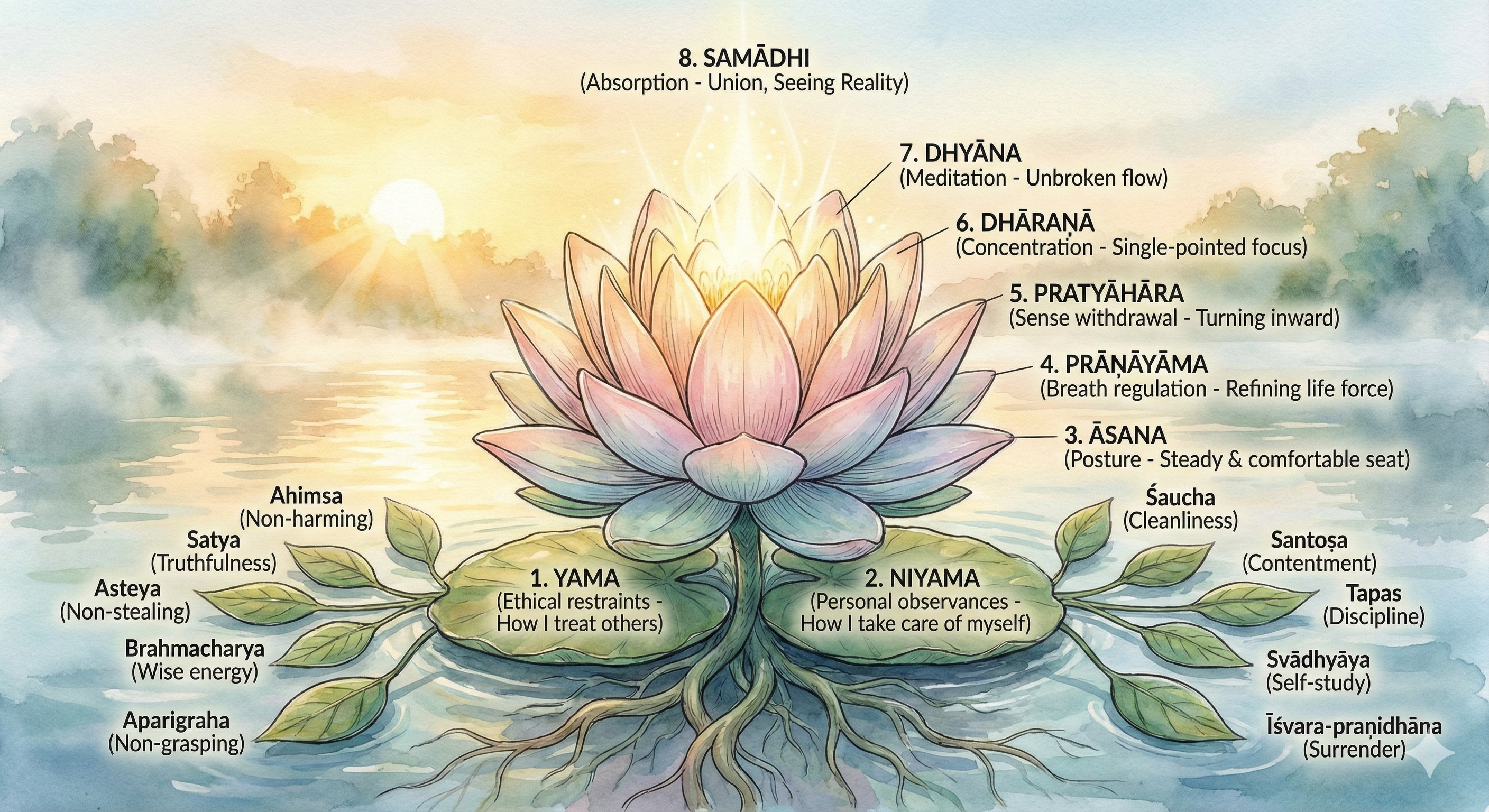 Watercolor illustration of a lotus rising over a misty lake with the eight limbs of yoga labeled around it