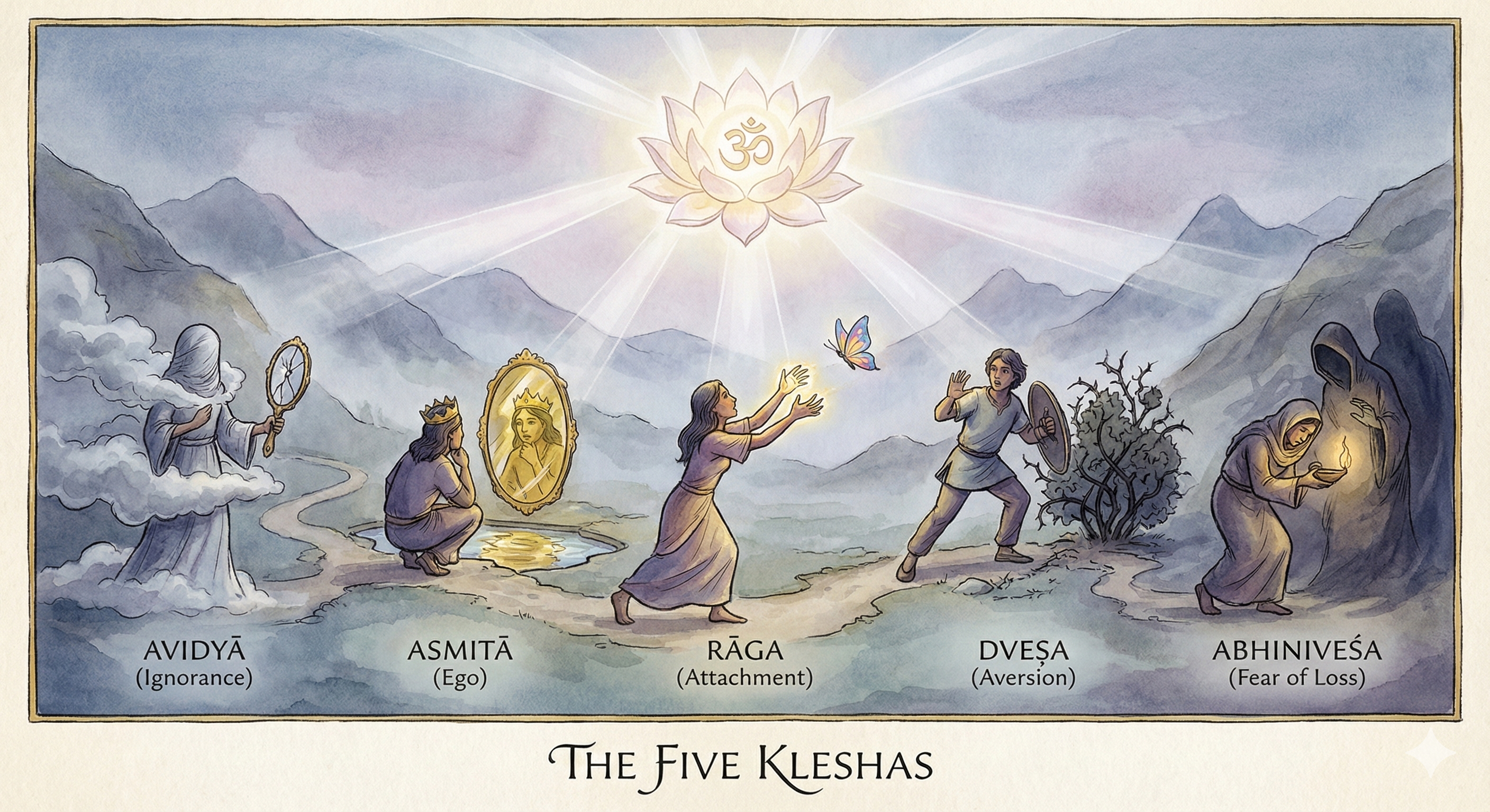 Watercolor illustration of five figures in a mountain landscape representing the five kleshas of Patanjali's Yoga Sutras